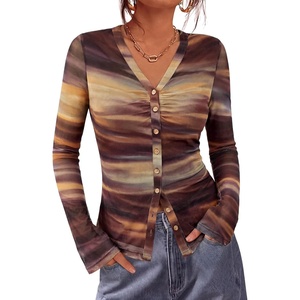 BTFBM Button Down Shirts for Women 2026 Spring Boho Tops V Neck Long Sleeve Blouses Ruched Mesh Fitted Fashion Clothing(Floral Brown)