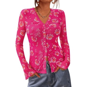 BTFBM Button Down Shirts for Women 2026 Spring Boho Tops V Neck Long Sleeve Blouses Ruched Mesh Fitted Fashion Clothing(Hot Pink)