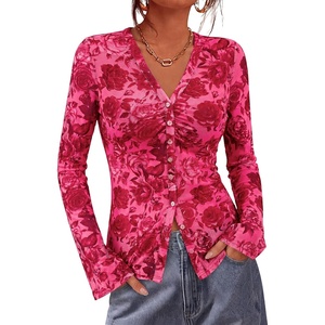 BTFBM Button Down Shirts for Women 2026 Spring Boho Tops V Neck Long Sleeve Blouses Ruched Mesh Fitted Fashion Clothing(Pink Red Flower)
