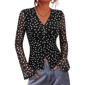 BTFBM Button Down Shirts for Women 2026 Spring Boho Tops V Neck Long Sleeve Blouses Ruched Mesh Fitted Fashion Clothing(Polka Dot Black White)