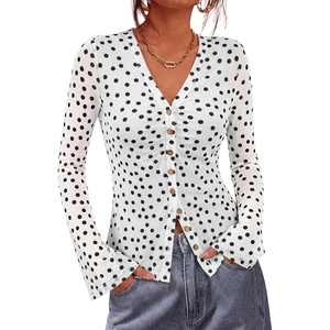 BTFBM Button Down Shirts for Women 2026 Spring Boho Tops V Neck Long Sleeve Blouses Ruched Mesh Fitted Fashion Clothing(Polka Dot White Black)