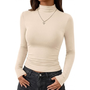BTFBM Mock Turtleneck Tops for Women Long Sleeve Shirts Fitted Fall Fashion Clothing Basic Thermal Layering Undershirts(Beige)
