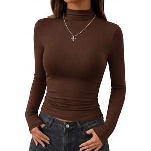 BTFBM Mock Turtleneck Tops for Women Long Sleeve Shirts Fitted Fall Fashion Clothing Basic Thermal Layering Undershirts(Brown)