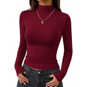 BTFBM Mock Turtleneck Tops for Women Long Sleeve Shirts Fitted Fall Fashion Clothing Basic Thermal Layering Undershirts(Burgundy)