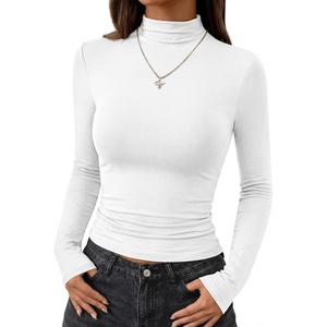 BTFBM Mock Turtleneck Tops for Women Long Sleeve Shirts Fitted Fall Fashion Clothing Basic Thermal Layering Undershirts(White)