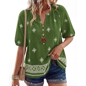 BTFBM Womens Summer Boho Tops Casual V Neck Short Sleeve Blouses Floral Print Shirt Tie Front Beach Vacation Fashion Clothing(Floral Green White)