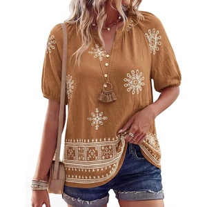 BTFBM Womens Summer Boho Tops Casual V Neck Short Sleeve Blouses Floral Print Shirt Tie Front Beach Vacation Fashion Clothing(Floral Khaki Apricot)