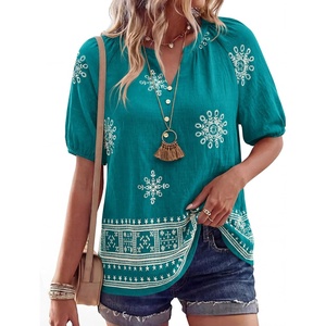 BTFBM Womens Summer Boho Tops Casual V Neck Short Sleeve Blouses Floral Print Shirt Tie Front Beach Vacation Fashion Clothing(Floral Lake Blue White)