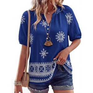 BTFBM Womens Summer Boho Tops Casual V Neck Short Sleeve Blouses Floral Print Shirt Tie Front Beach Vacation Fashion Clothing(Floral Royal Blue White)