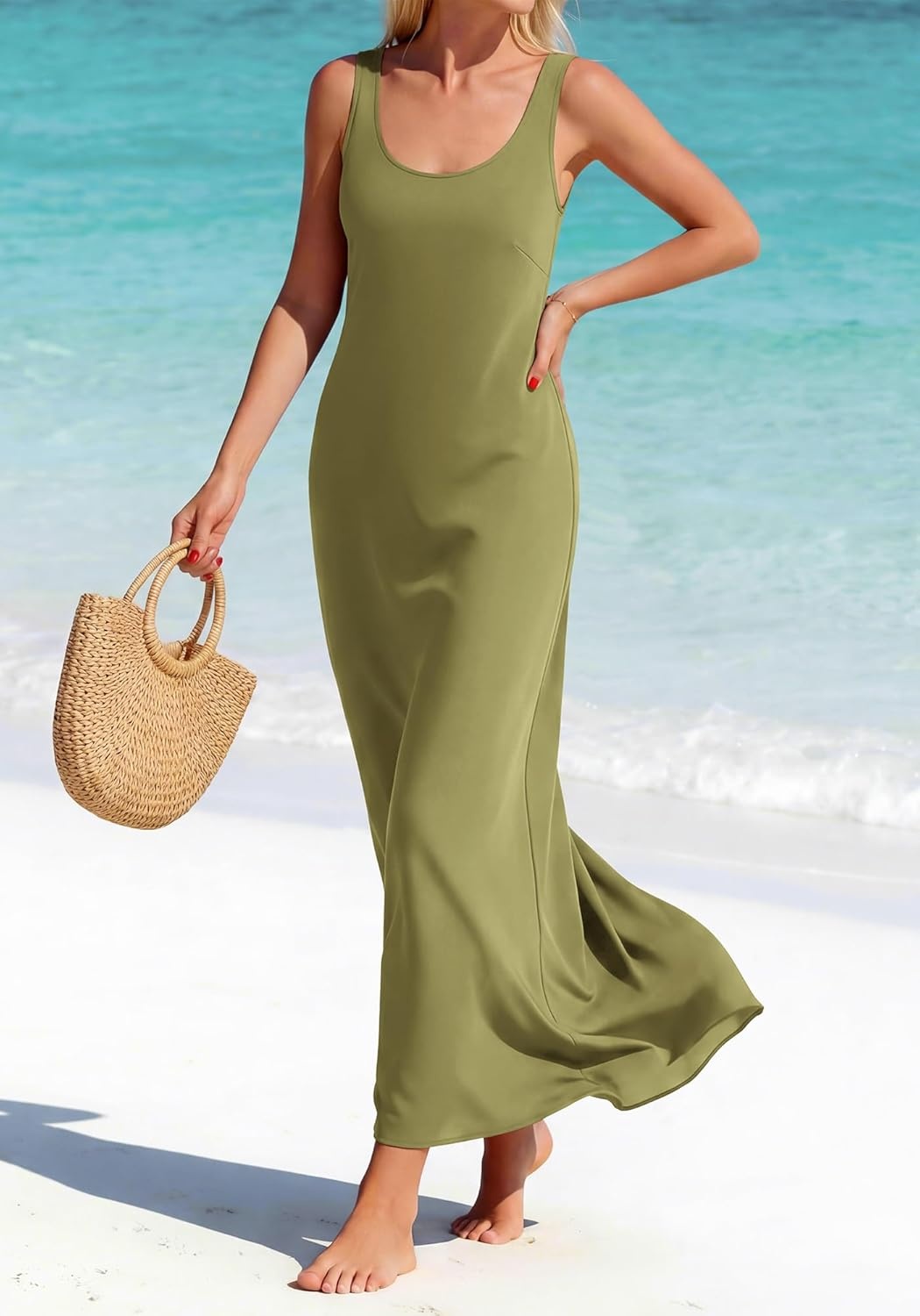 image:imageBTFBM Satin Dress Sleeveless Scoop Neck Summer Dresses for Women Elegant 2026 Loose Party Sundresses Fashion ClothingArmy Green