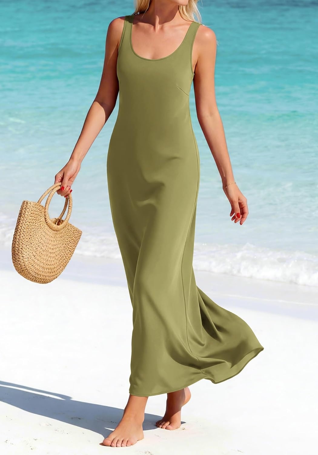 image:imageBTFBM Satin Dress Sleeveless Scoop Neck Summer Dresses for Women Elegant 2026 Loose Party Sundresses Fashion ClothingArmy Green