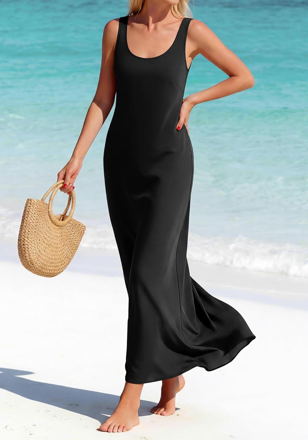 image:imageBTFBM Satin Dress Sleeveless Scoop Neck Summer Dresses for Women Elegant 2026 Loose Party Sundresses Fashion ClothingBlack