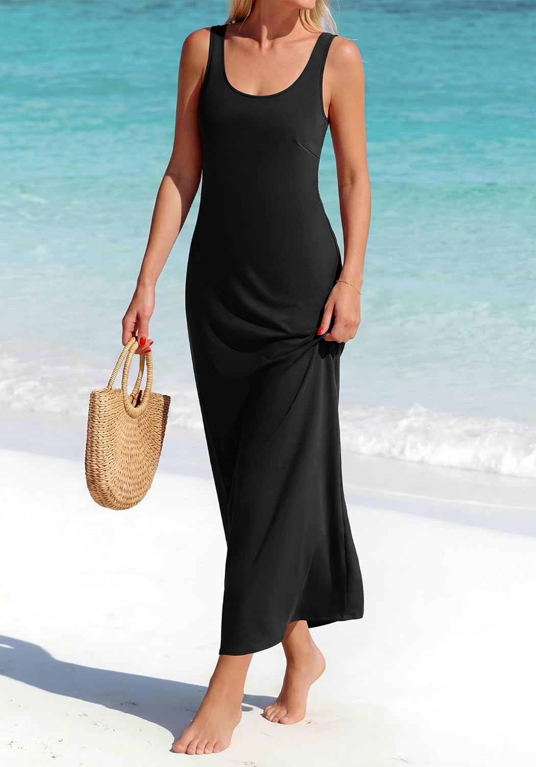 image:imageBTFBM Satin Dress Sleeveless Scoop Neck Summer Dresses for Women Elegant 2026 Loose Party Sundresses Fashion ClothingBlack