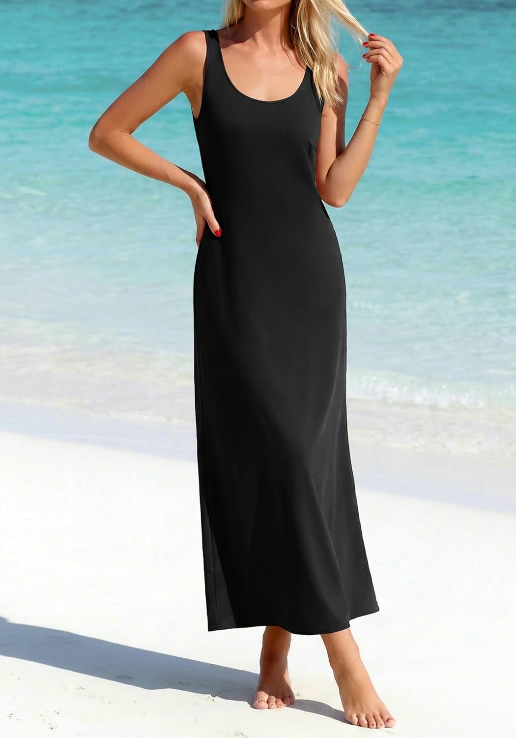 image:imageBTFBM Satin Dress Sleeveless Scoop Neck Summer Dresses for Women Elegant 2026 Loose Party Sundresses Fashion ClothingBlack