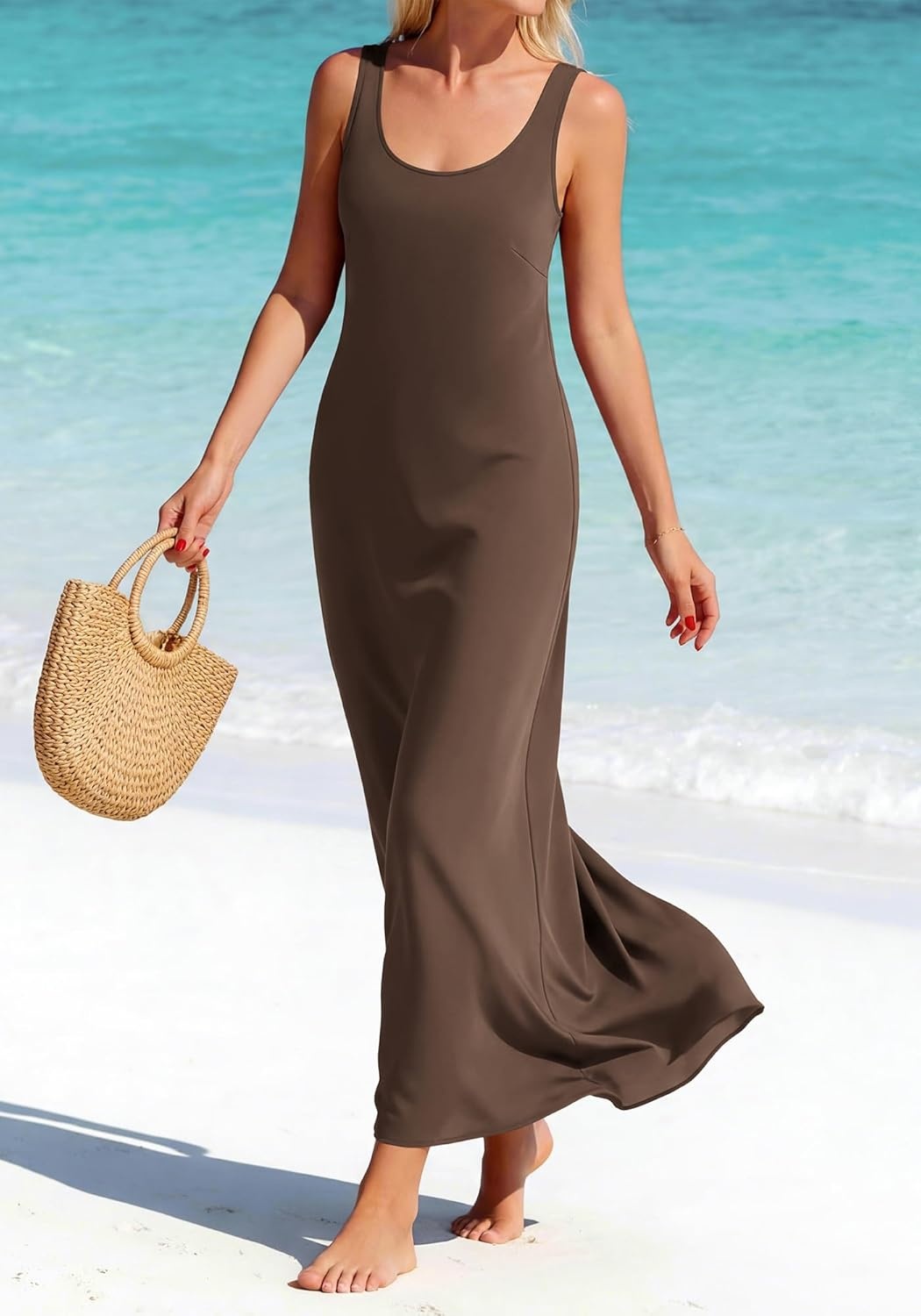 image:imageBTFBM Satin Dress Sleeveless Scoop Neck Summer Dresses for Women Elegant 2026 Loose Party Sundresses Fashion ClothingBrown