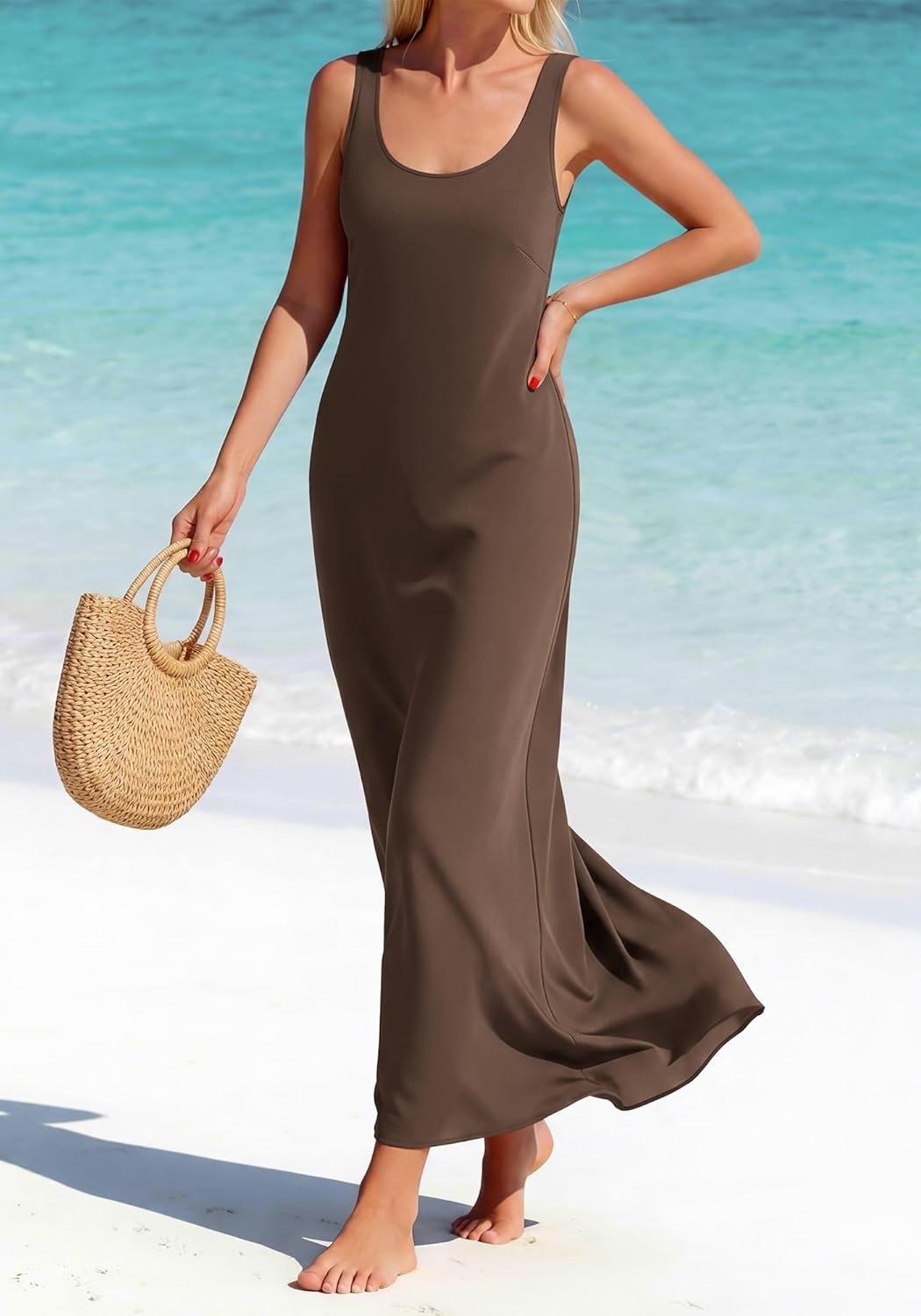 image:imageBTFBM Satin Dress Sleeveless Scoop Neck Summer Dresses for Women Elegant 2026 Loose Party Sundresses Fashion ClothingBrown