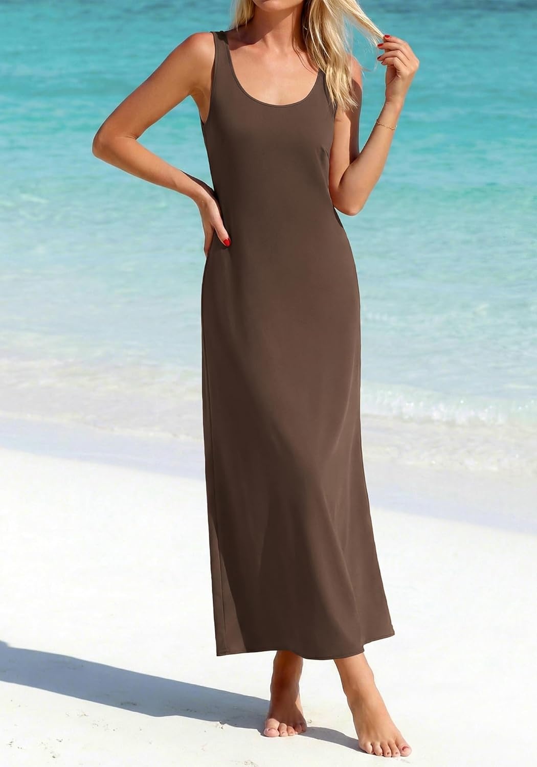 image:imageBTFBM Satin Dress Sleeveless Scoop Neck Summer Dresses for Women Elegant 2026 Loose Party Sundresses Fashion ClothingBrown