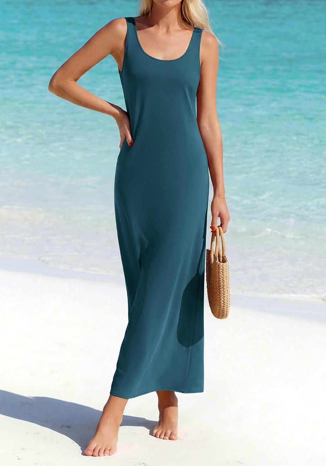 image:imageBTFBM Satin Dress Sleeveless Scoop Neck Summer Dresses for Women Elegant 2026 Loose Party Sundresses Fashion ClothingDark Blue