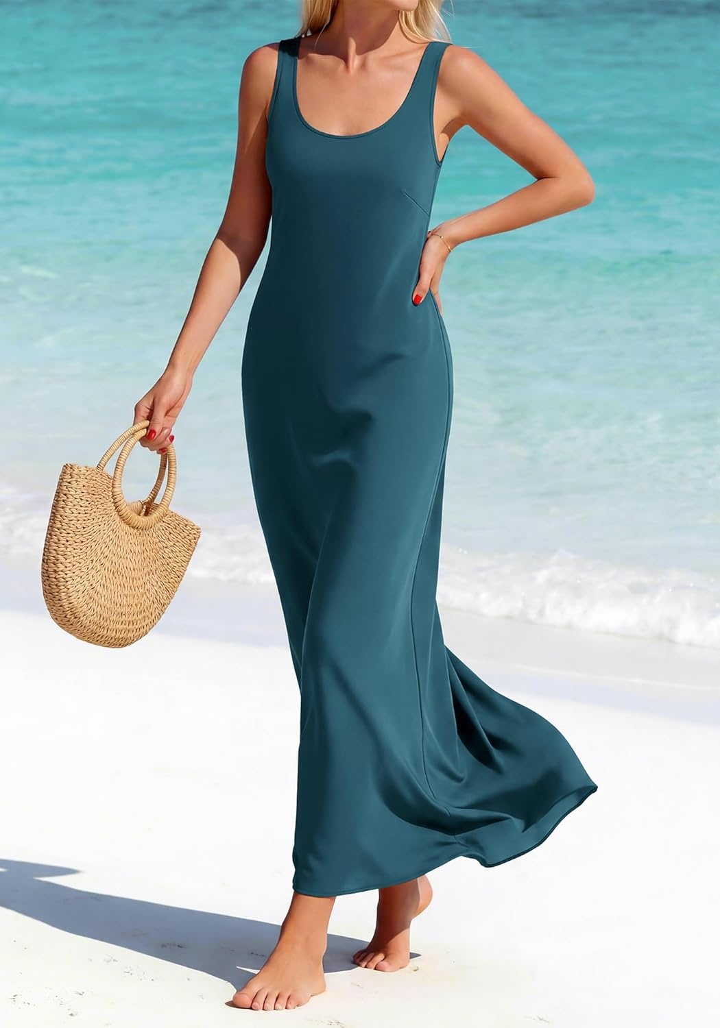 image:imageBTFBM Satin Dress Sleeveless Scoop Neck Summer Dresses for Women Elegant 2026 Loose Party Sundresses Fashion ClothingDark Blue