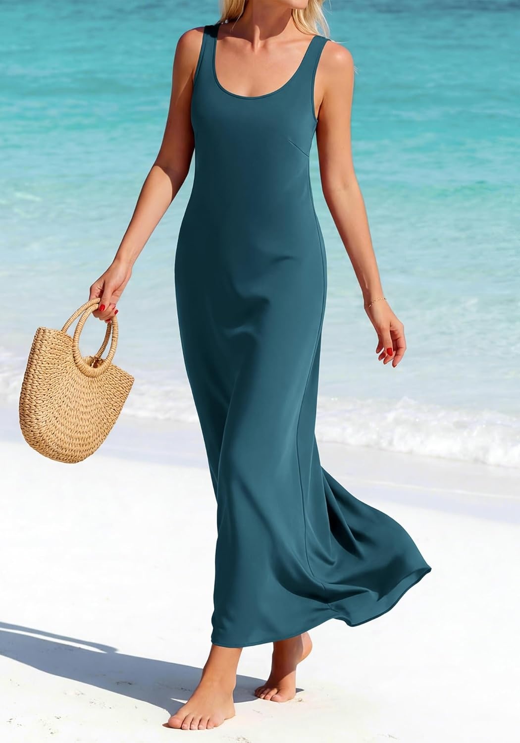 image:imageBTFBM Satin Dress Sleeveless Scoop Neck Summer Dresses for Women Elegant 2026 Loose Party Sundresses Fashion ClothingDark Blue