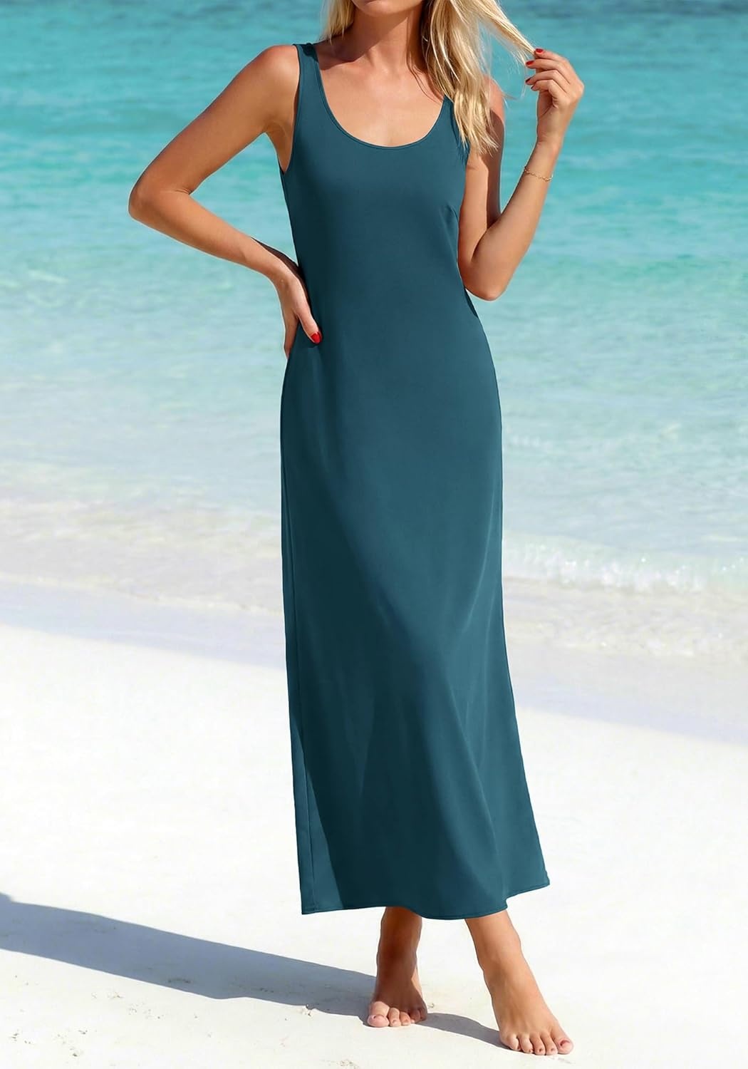 image:imageBTFBM Satin Dress Sleeveless Scoop Neck Summer Dresses for Women Elegant 2026 Loose Party Sundresses Fashion ClothingDark Blue