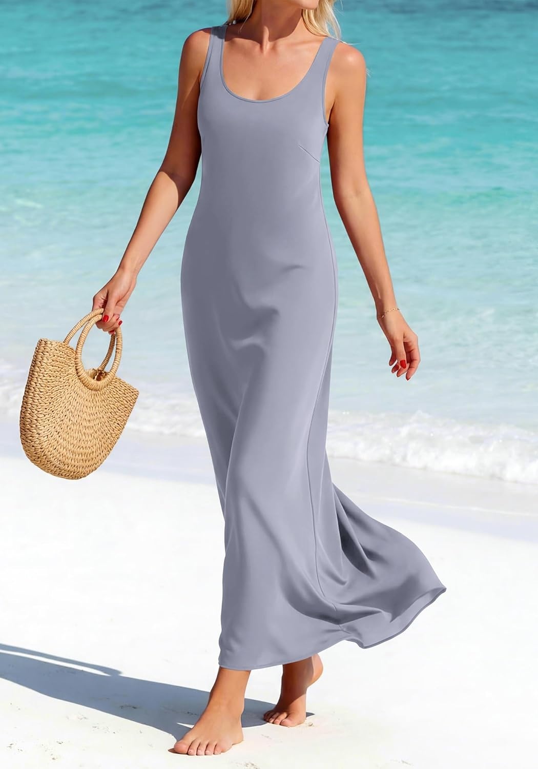 image:imageBTFBM Satin Dress Sleeveless Scoop Neck Summer Dresses for Women Elegant 2026 Loose Party Sundresses Fashion ClothingGrey Blue