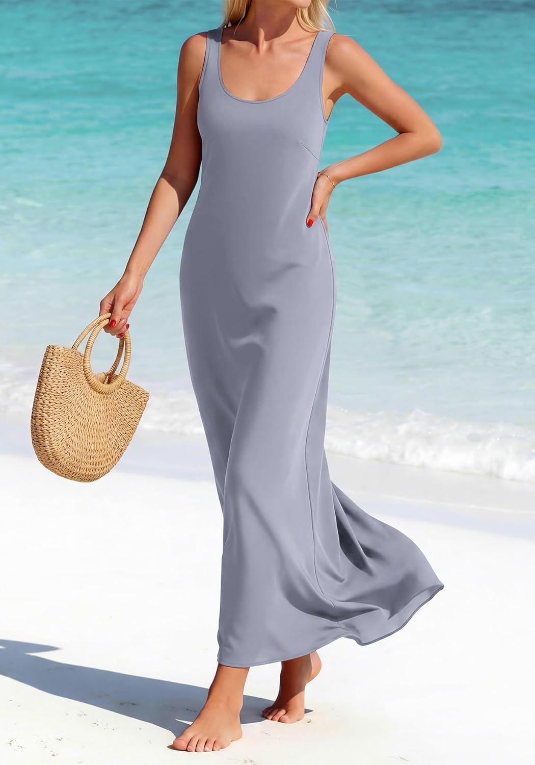 image:imageBTFBM Satin Dress Sleeveless Scoop Neck Summer Dresses for Women Elegant 2026 Loose Party Sundresses Fashion ClothingGrey Blue