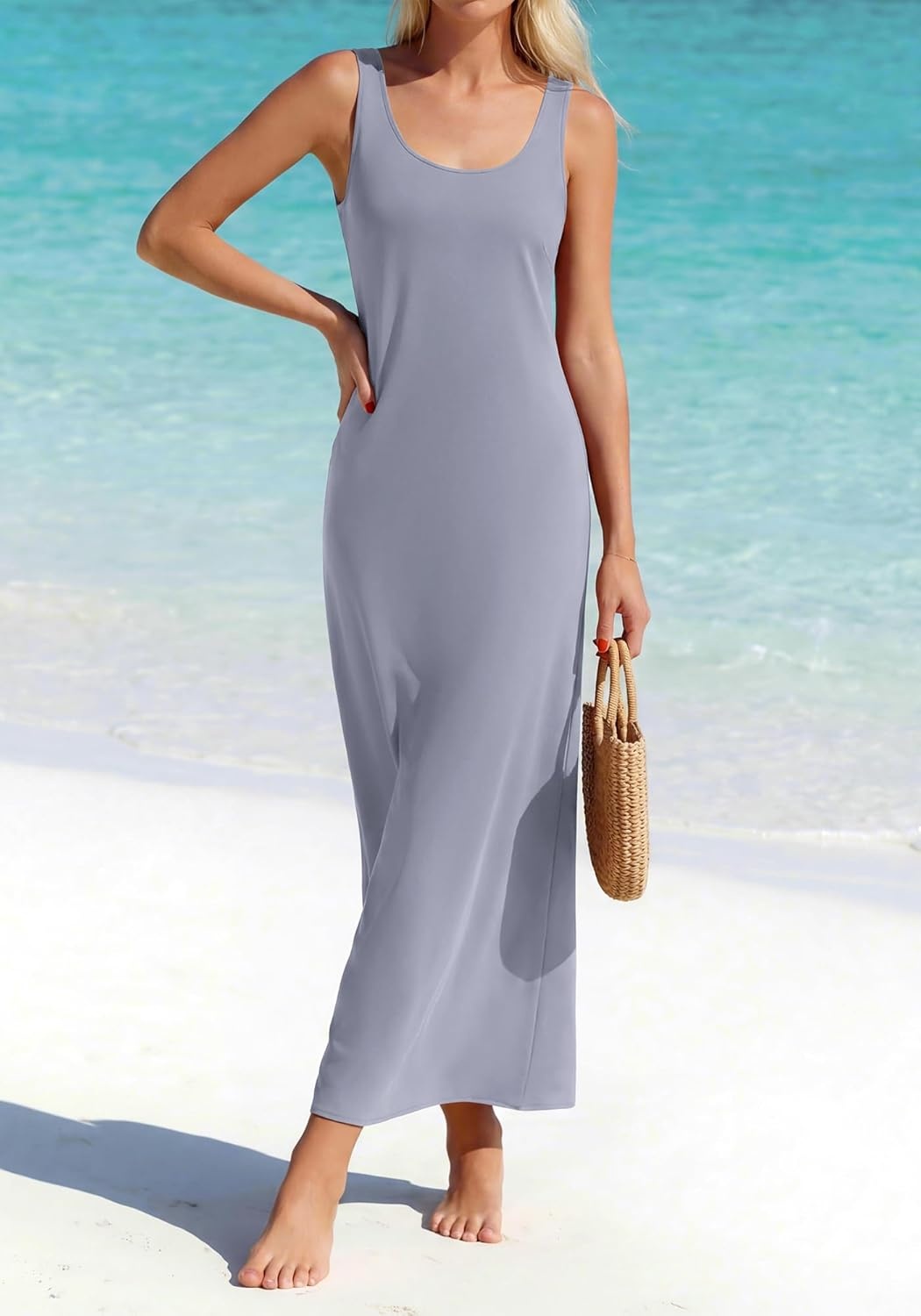 image:imageBTFBM Satin Dress Sleeveless Scoop Neck Summer Dresses for Women Elegant 2026 Loose Party Sundresses Fashion ClothingGrey Blue