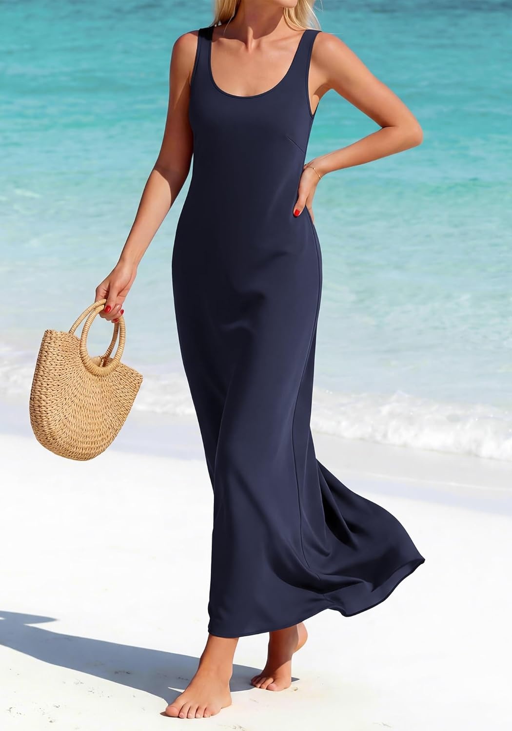 image:imageBTFBM Satin Dress Sleeveless Scoop Neck Summer Dresses for Women Elegant 2026 Loose Party Sundresses Fashion ClothingNavy Blue