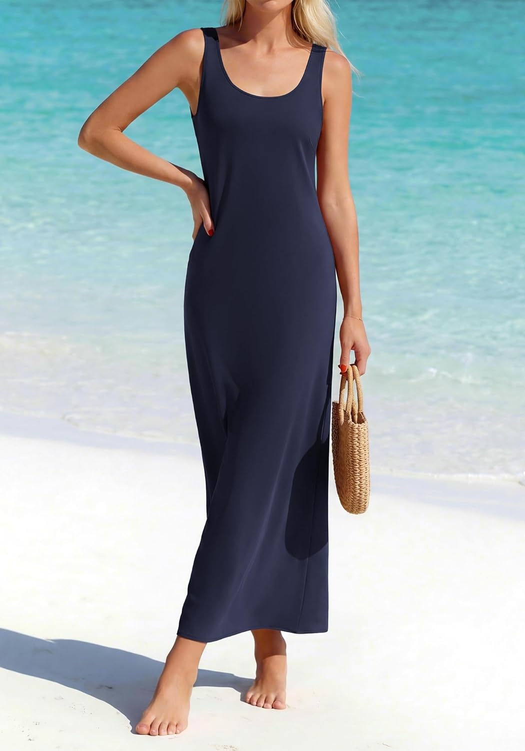 image:imageBTFBM Satin Dress Sleeveless Scoop Neck Summer Dresses for Women Elegant 2026 Loose Party Sundresses Fashion ClothingNavy Blue