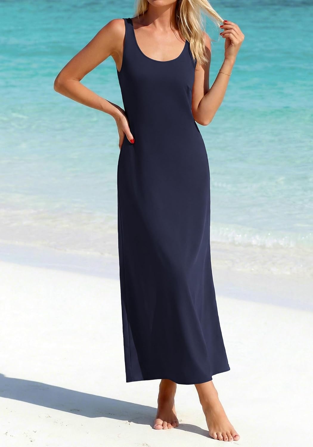 image:imageBTFBM Satin Dress Sleeveless Scoop Neck Summer Dresses for Women Elegant 2026 Loose Party Sundresses Fashion ClothingNavy Blue