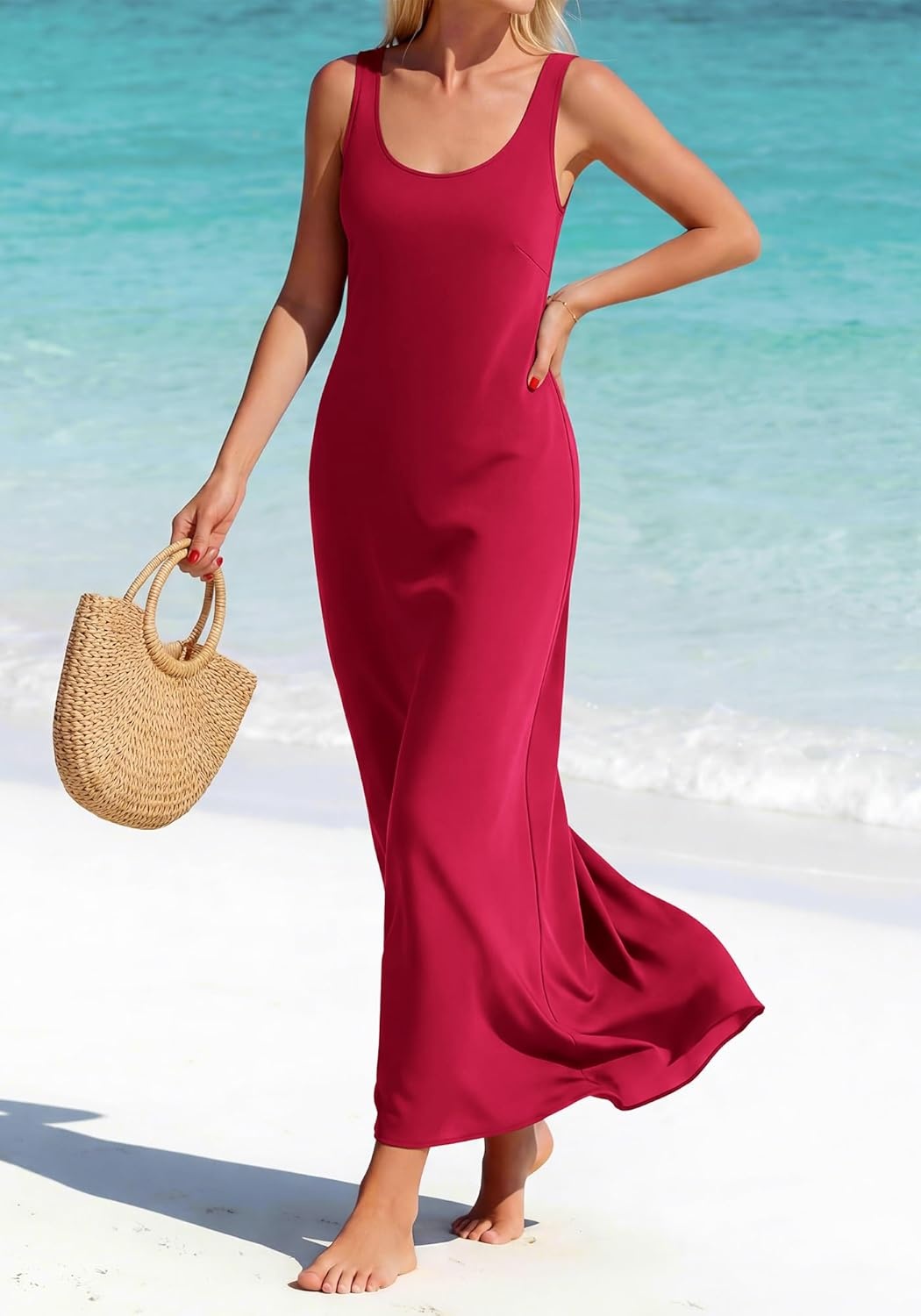 image:imageBTFBM Satin Dress Sleeveless Scoop Neck Summer Dresses for Women Elegant 2026 Loose Party Sundresses Fashion ClothingRed