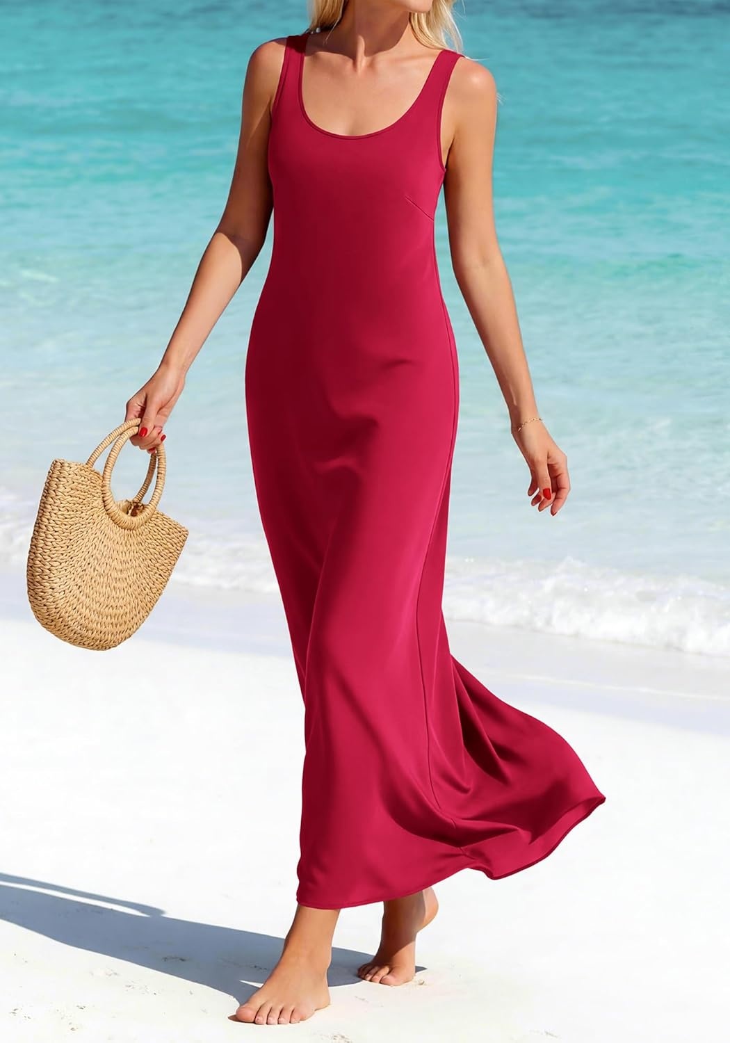 image:imageBTFBM Satin Dress Sleeveless Scoop Neck Summer Dresses for Women Elegant 2026 Loose Party Sundresses Fashion ClothingRed