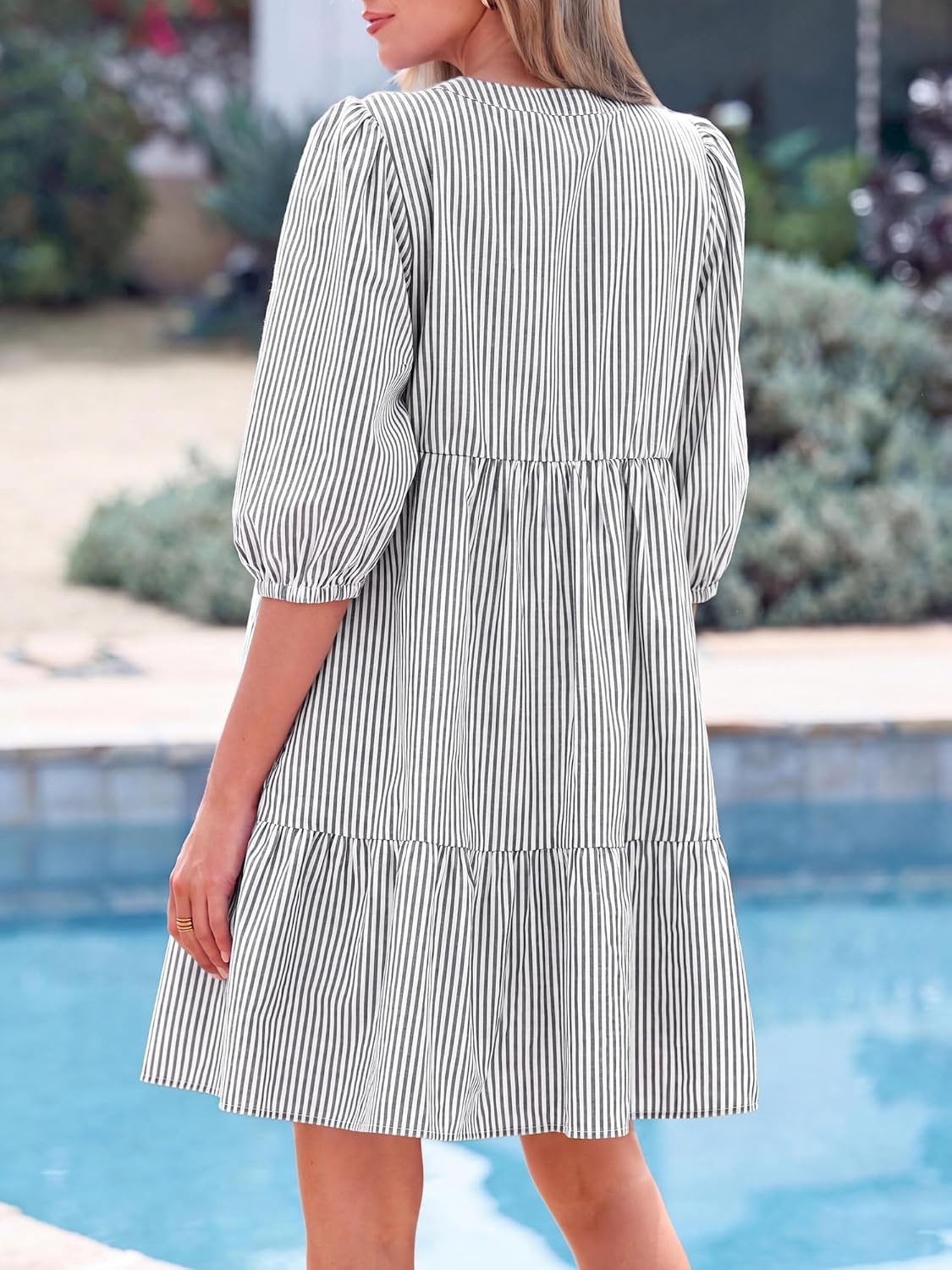 image:imageBTFBM Womens Summer Dresses 2026 Striped Mini Dress Half Sleeve Button Down Casual Flowy Beach Vacation Outfits PocketsBlack