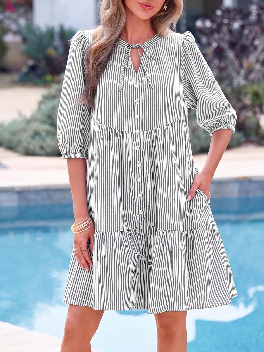 image:imageBTFBM Womens Summer Dresses 2026 Striped Mini Dress Half Sleeve Button Down Casual Flowy Beach Vacation Outfits PocketsBlack