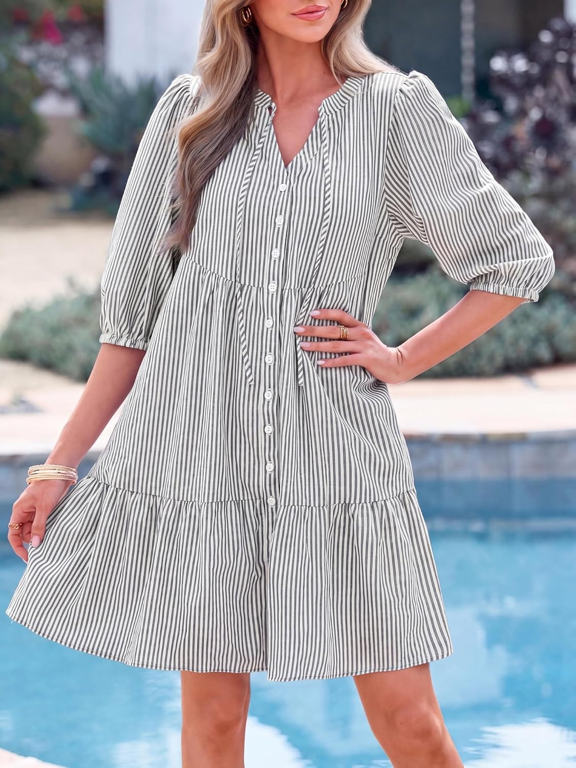 image:imageBTFBM Womens Summer Dresses 2026 Striped Mini Dress Half Sleeve Button Down Casual Flowy Beach Vacation Outfits PocketsBlack