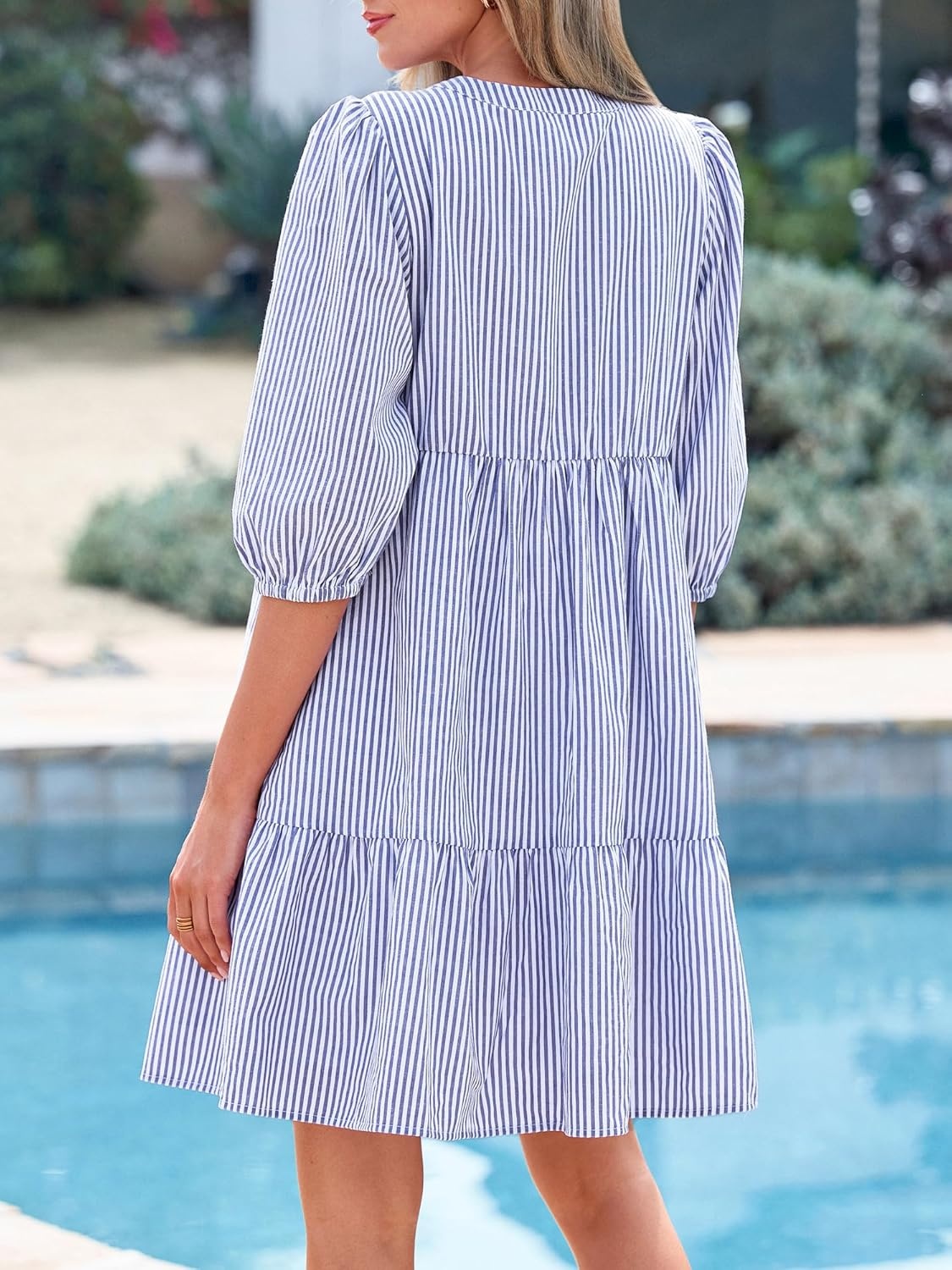 image:imageBTFBM Womens Summer Dresses 2026 Striped Mini Dress Half Sleeve Button Down Casual Flowy Beach Vacation Outfits PocketsBlue