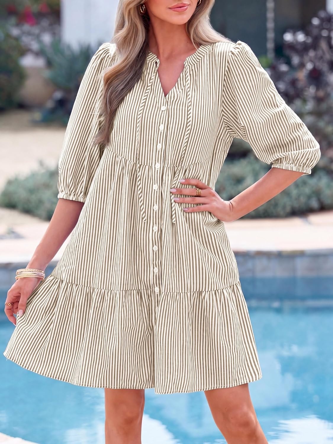 image:imageBTFBM Womens Summer Dresses 2026 Striped Mini Dress Half Sleeve Button Down Casual Flowy Beach Vacation Outfits PocketsBrown