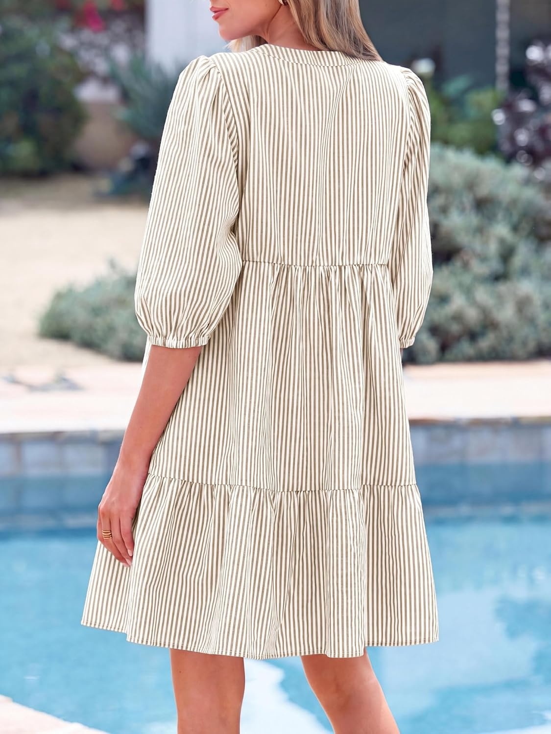 image:imageBTFBM Womens Summer Dresses 2026 Striped Mini Dress Half Sleeve Button Down Casual Flowy Beach Vacation Outfits PocketsBrown