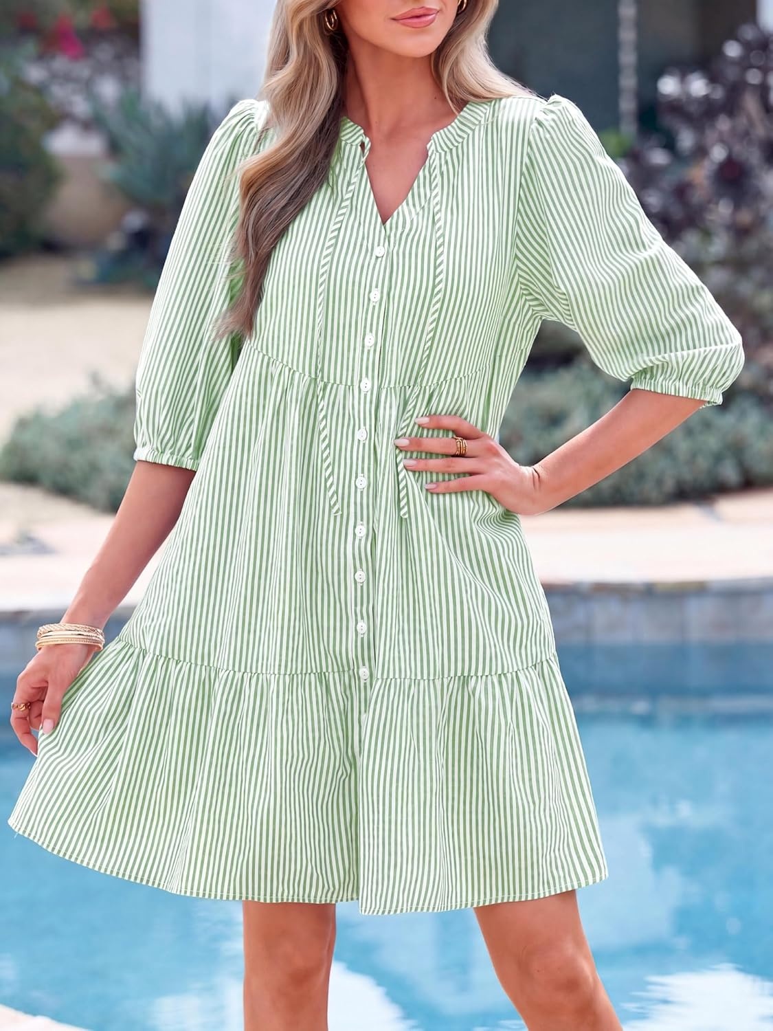 image:imageBTFBM Womens Summer Dresses 2026 Striped Mini Dress Half Sleeve Button Down Casual Flowy Beach Vacation Outfits PocketsGreen