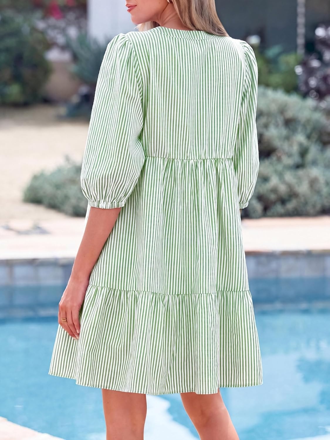 image:imageBTFBM Womens Summer Dresses 2026 Striped Mini Dress Half Sleeve Button Down Casual Flowy Beach Vacation Outfits PocketsGreen
