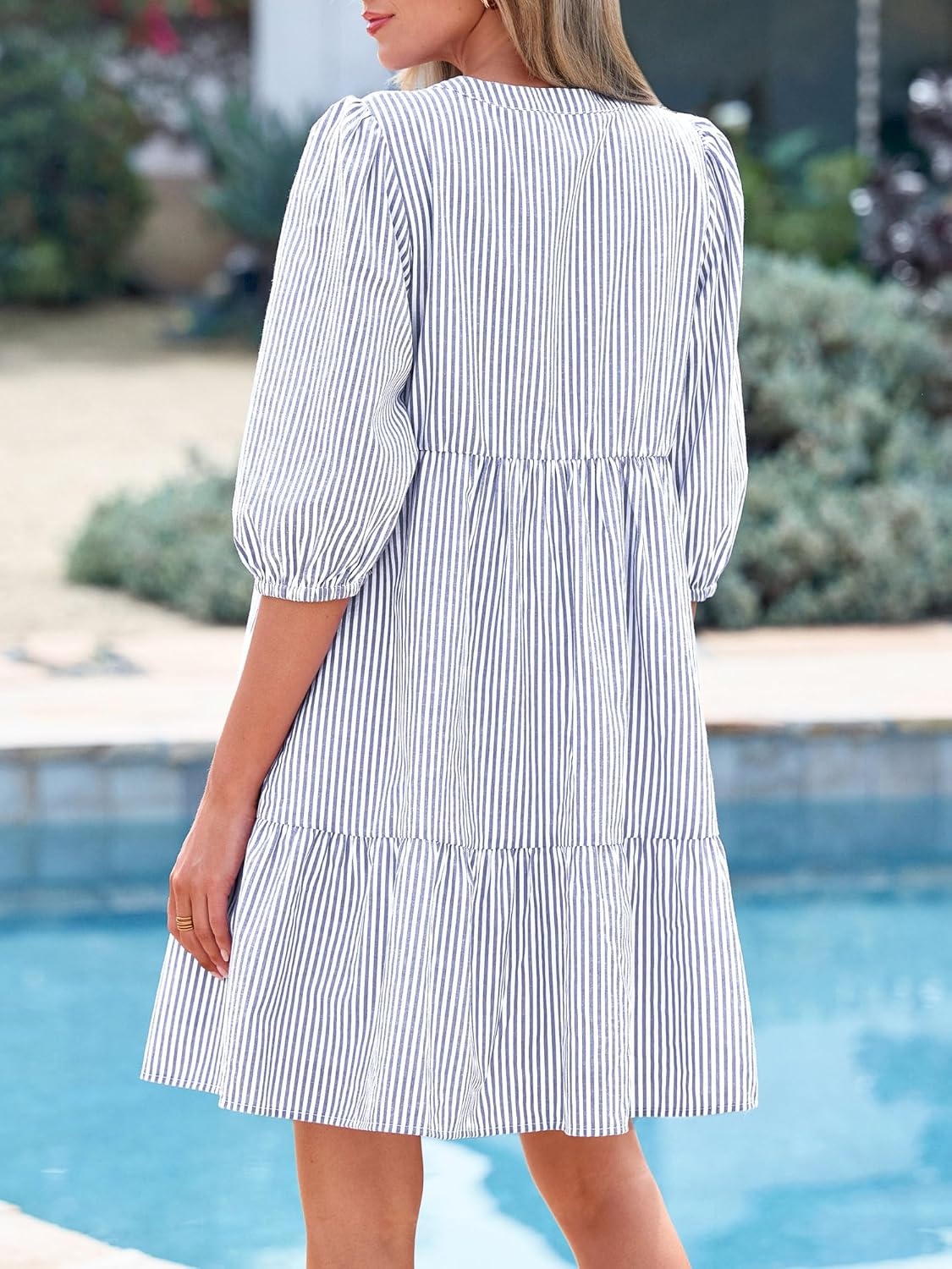 image:imageBTFBM Womens Summer Dresses 2026 Striped Mini Dress Half Sleeve Button Down Casual Flowy Beach Vacation Outfits PocketsLight Blue