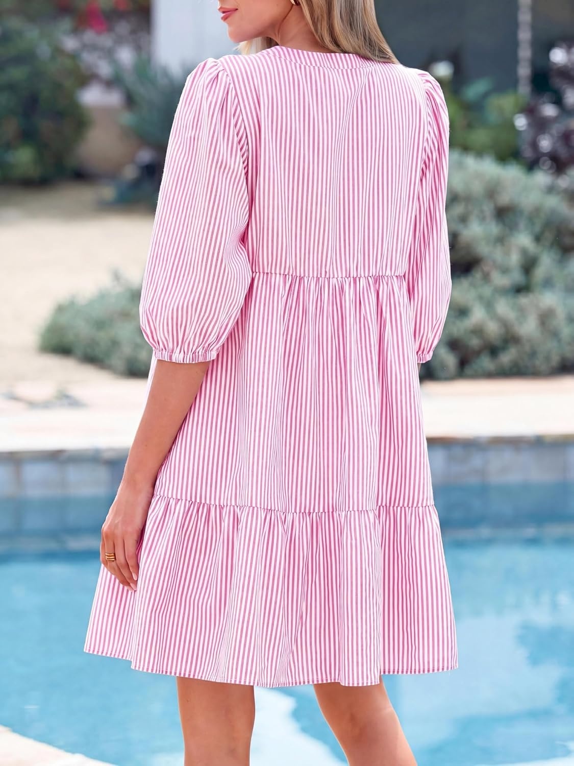 image:imageBTFBM Womens Summer Dresses 2026 Striped Mini Dress Half Sleeve Button Down Casual Flowy Beach Vacation Outfits PocketsPink