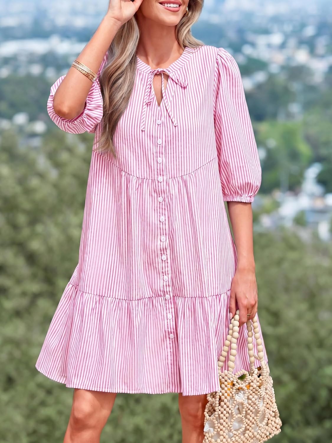 image:imageBTFBM Womens Summer Dresses 2026 Striped Mini Dress Half Sleeve Button Down Casual Flowy Beach Vacation Outfits PocketsPink