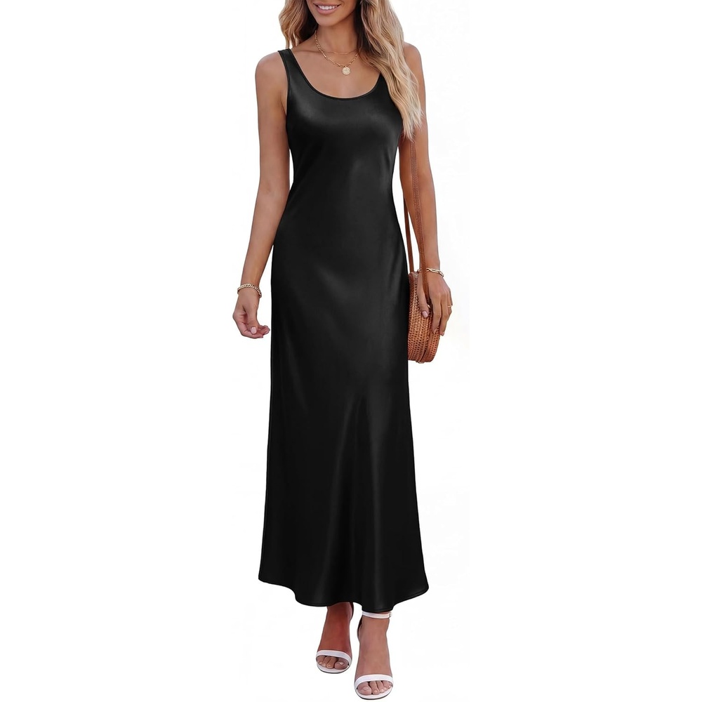 image:imageBTFBM Satin Dress Sleeveless Scoop Neck Summer Dresses for Women Elegant 2026 Loose Party Sundresses Fashion ClothingBlack