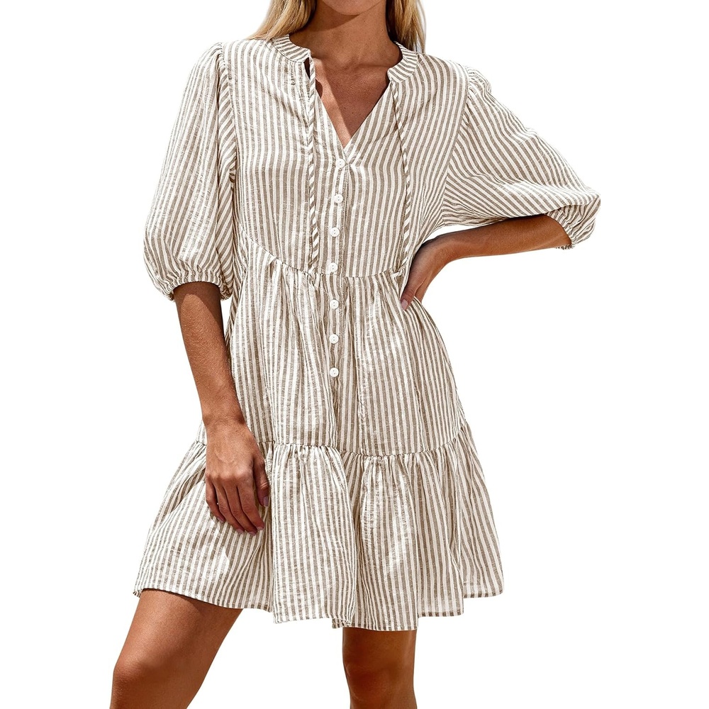 image:imageBTFBM Womens Summer Dresses 2026 Striped Mini Dress Half Sleeve Button Down Casual Flowy Beach Vacation Outfits PocketsBrown