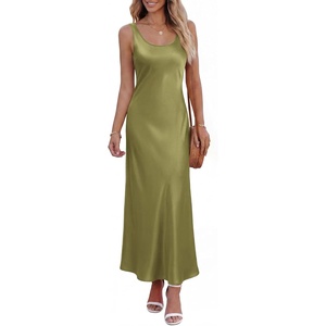 BTFBM Satin Dress Sleeveless Scoop Neck Summer Dresses for Women Elegant 2026 Loose Party Sundresses Fashion Clothing(Army Green)