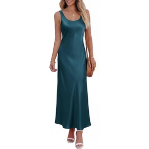 BTFBM Satin Dress Sleeveless Scoop Neck Summer Dresses for Women Elegant 2026 Loose Party Sundresses Fashion Clothing(Dark Blue)