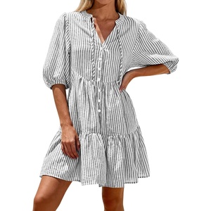 BTFBM Womens Summer Dresses 2026 Striped Mini Dress Half Sleeve Button Down Casual Flowy Beach Vacation Outfits Pockets(Black)