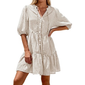 BTFBM Womens Summer Dresses 2026 Striped Mini Dress Half Sleeve Button Down Casual Flowy Beach Vacation Outfits Pockets(Brown)